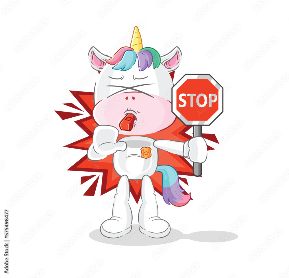 unicorn holding stop sign. cartoon mascot vector