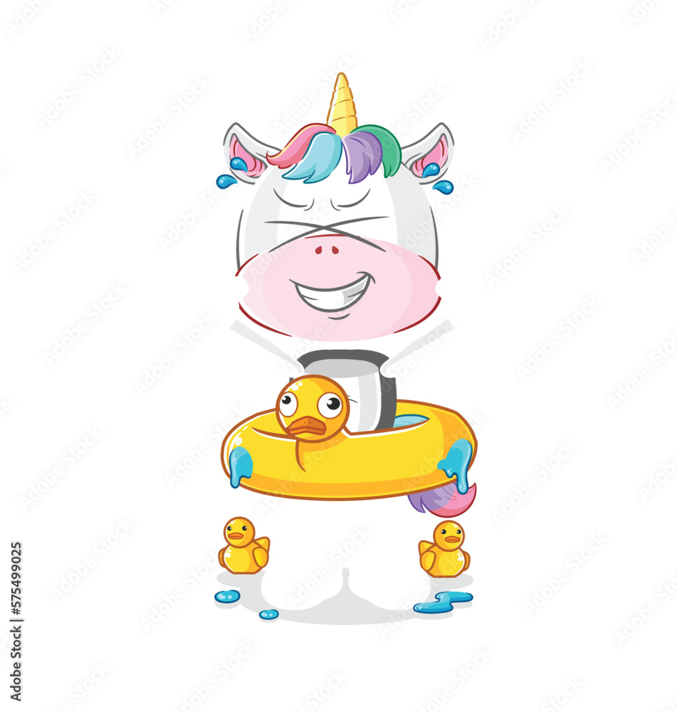 unicorn with duck buoy cartoon. cartoon mascot vector