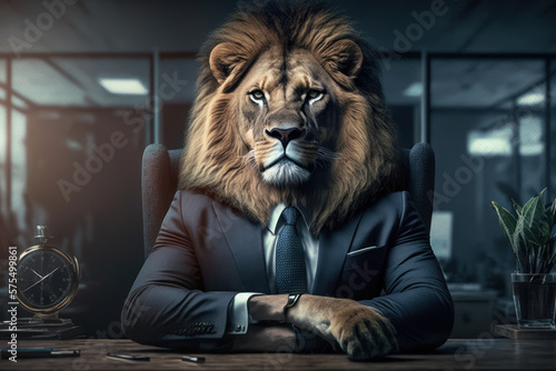 Business man suit with lion head sit at office abstract background. Generative ai photo