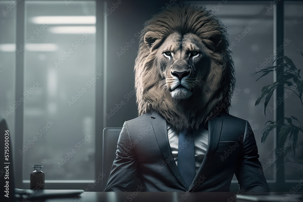 Business man suit with lion head sit at office abstract background. Generative ai Business man suit with lion head sit at office abstract background. Generative ai