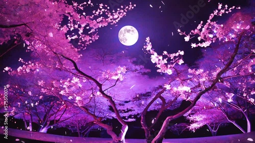 Illuminated Night Cherry Blossoms – Japanese Sakura Tree with Light-Up Effect, Seamless Loop, Animated Background