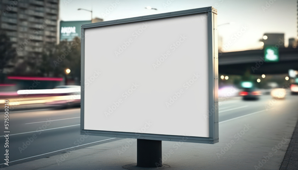 Copy space of white billboard with traffic bokeh light road abstract background. Generative ai Copy space of white billboard with traffic bokeh light road abstract background. Generative ai