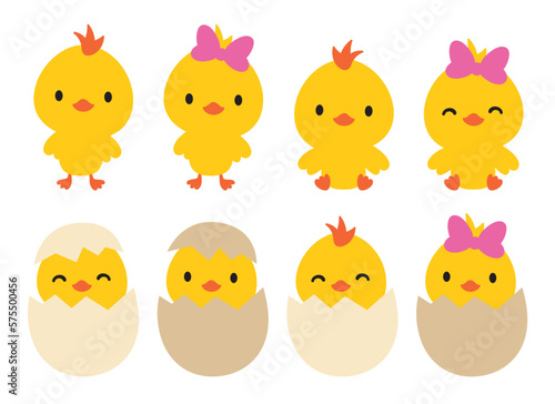 Foto Little baby boy and girl Easter chick and chicken vector illustration