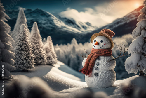 Snowman forest and mountain abstract background. Christmas concept. Generative ai