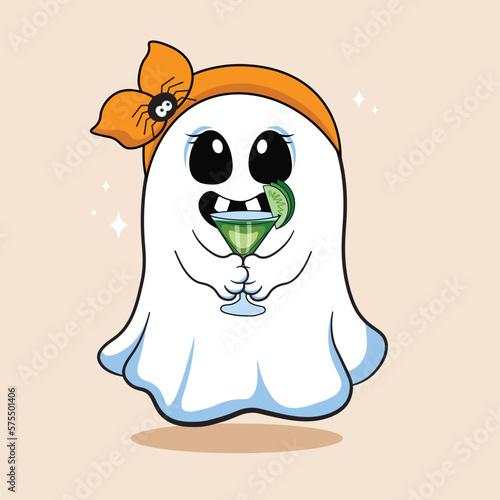 Cute ghost holding coctail glass vector