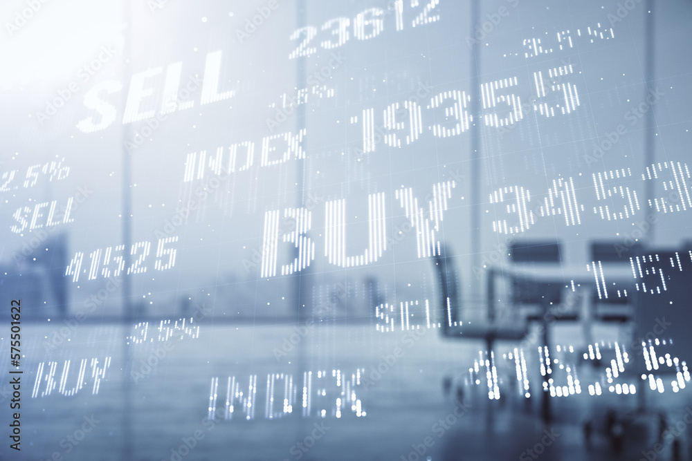 Fototapeta premium Double exposure of abstract creative financial chart hologram on a modern meeting room background, research and strategy concept