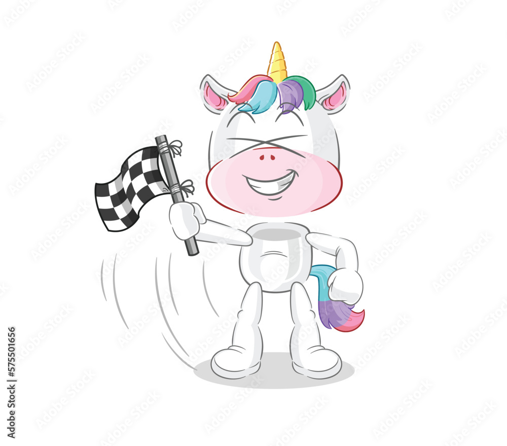 Fototapeta premium unicorn hold finish flag. cartoon mascot vector