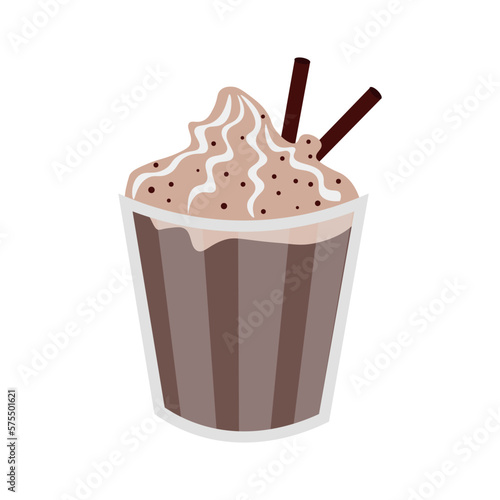 Glass of cold coffee with whipped cream on white background