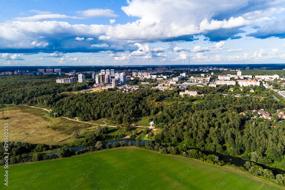 Aerial view of the landscape overlooking the river and urban areas. Obninsk, Russia