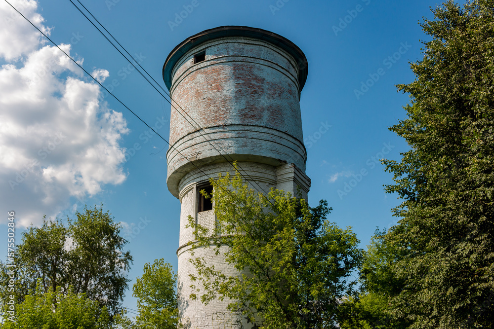 Old unused brick water tower. Balabanovo, Kaluzhskiy region, Russia
