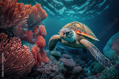 Sea turtle swim under ocean with colorful coral abstract background. animal and nature environment concept. Generative ai