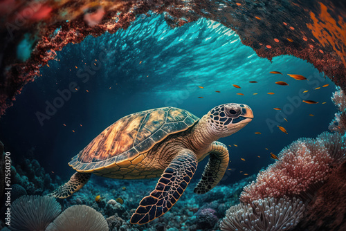 Sea turtle swim under ocean with colorful coral abstract background. animal and nature environment concept. Generative ai