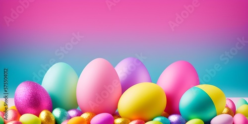 Christ is risen! A row of Easter eggs on a colorful background. Multi-colored eggs in the decor Generative AI