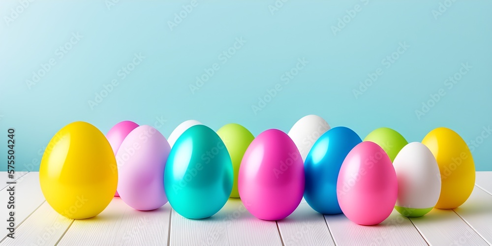 Christ is risen! A row of Easter eggs on a colorful background. Multi-colored eggs in the decor Generative AI Christ is risen! A row of Easter eggs on a colorful background. Multi-colored eggs in the decor Generative AI