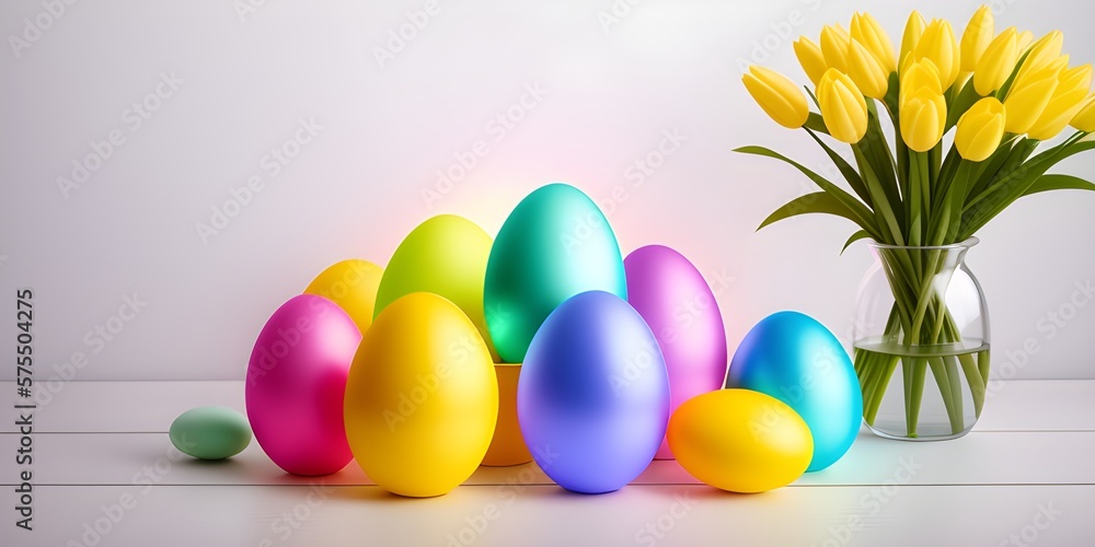 Christ is risen! A row of Easter eggs on a colorful background. Multi-colored eggs in the decor Generative AI Christ is risen! A row of Easter eggs on a colorful background. Multi-colored eggs in the decor Generative AI