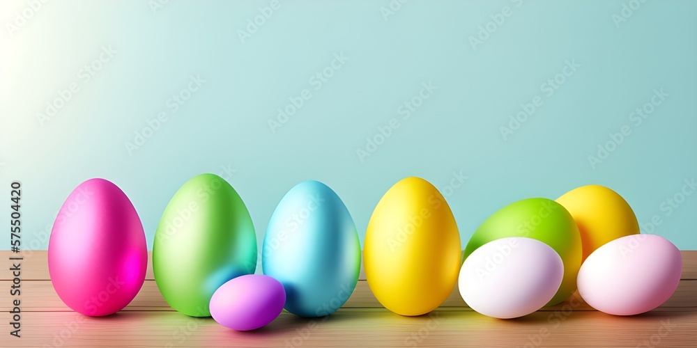 A row of Easter eggs on a colorful background. Multi-colored eggs in the decor. Generative AI A row of Easter eggs on a colorful background. Multi-colored eggs in the decor. Generative AI