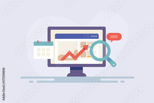 Business graph growth, search marketing content strategy and planning, website optimized digital media vector illustration. 