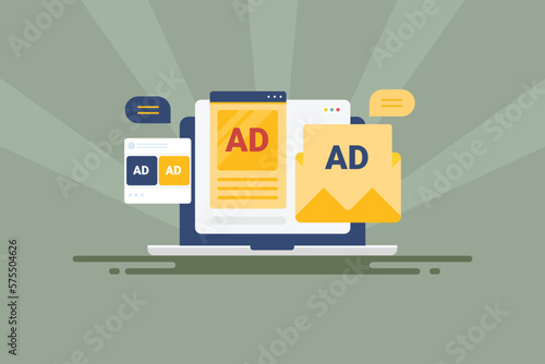 Digital advertising sponsored ad on social media post, banner ads on website, reaching people with ad network concept, internet marketing flat design vector banner.