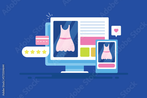 Online fashion clothing webstore displaying on computer and mobile device screen, ecommerce business application concept, flat design web banner vector.