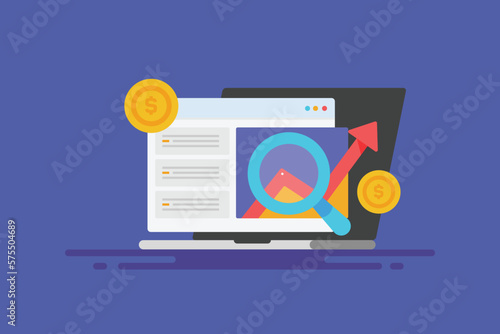 Search analytics displays growing traffic graph, business and finance report, investment ROI. Revenue profit conceptual web banner design.