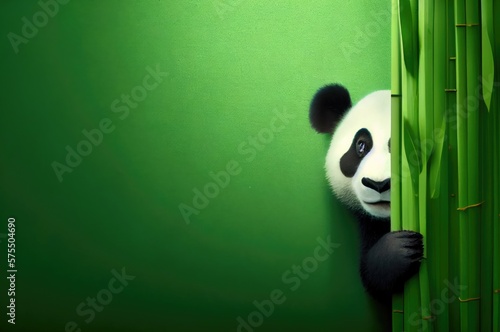 Panda Bear Green Background With Blank Canvas Looking Around Generative AI photo