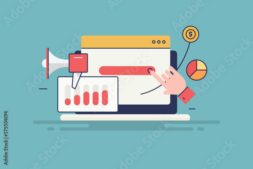 Search engine marketing increasing user click rate dashboard showing search traffic growth, paid advertising concept, web banner design vector. photo