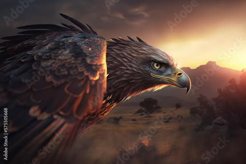 Eagle bird flying on sunset sky abstract background. Animal and freedom concept. Generative ai