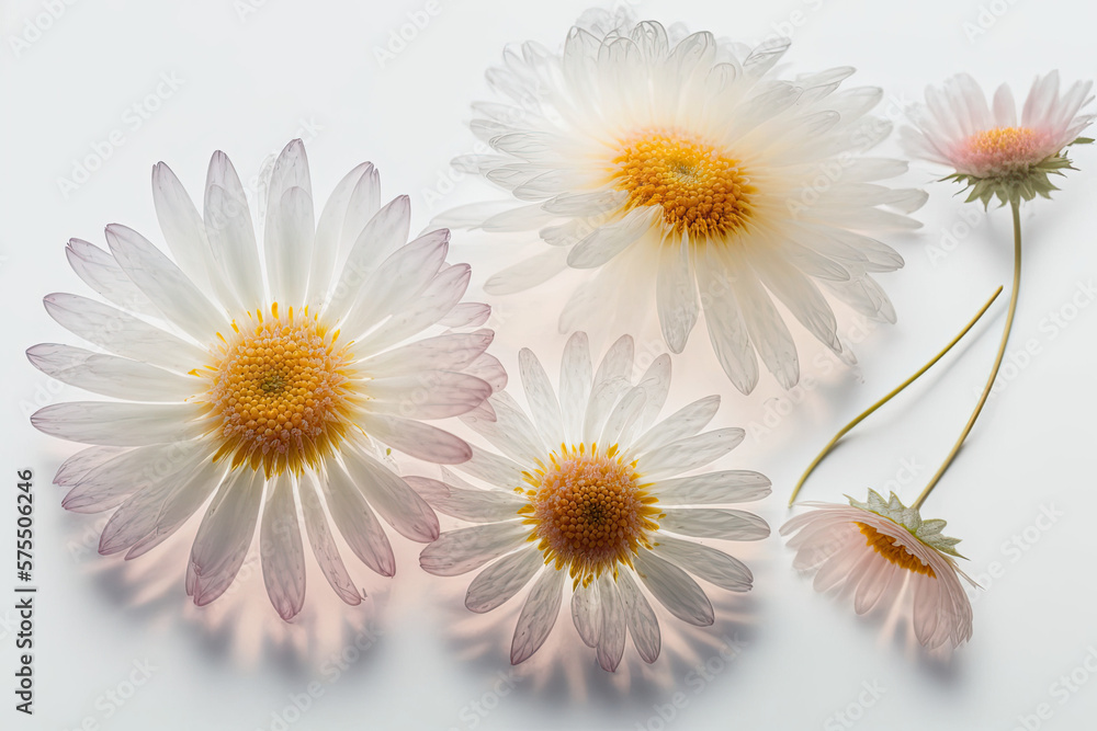 Fototapeta premium Bouquet of translucid daisies on white background, generative ai illustraton with very soft light pastel colors