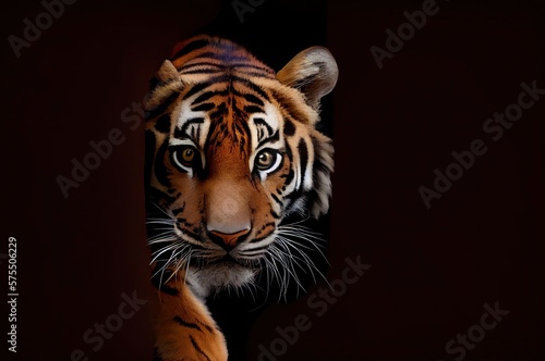 Tiger Dark Background With Blank Canvas Looking Around Generative AI