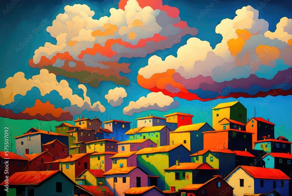 Joyous town village on a hill with vibrant vivid uplifting colors, sunset golden hour clouds and picturesque homes densely populated with abundance - generative AI.	 