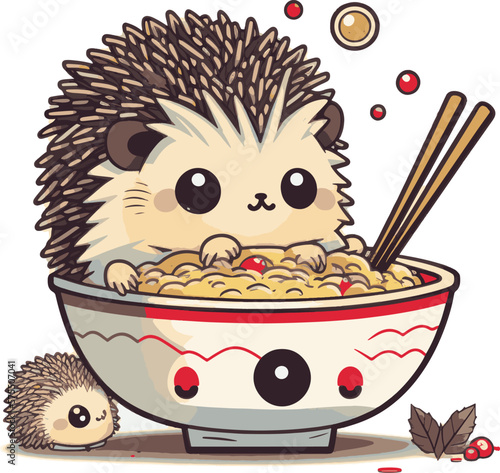 cute cartoon hedgehog eating Japanese foods