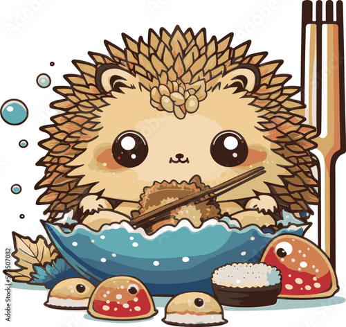 cute cartoon hedgehog eating Tempura