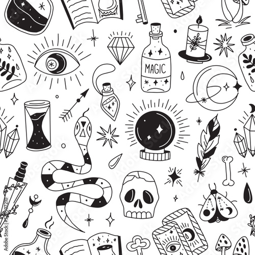 Seamless pattern with magic attributes in doodle style. Vector illustration isolated on white background for your design