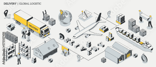 International logistic company worldwide operations with cargo distribution shipment and transportations. Isometric projection