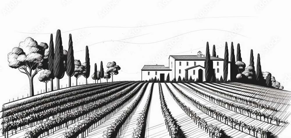 Vineyard with rows of grape vines and house. simple line drawing illustration style. Generative ai
