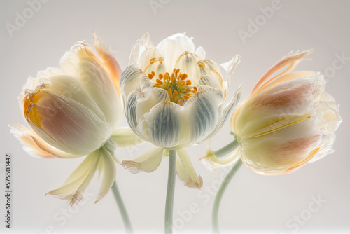 Very soft illustration of translucid tulips floral concept on white background with backlight  generative ai illustration  very light soft colors