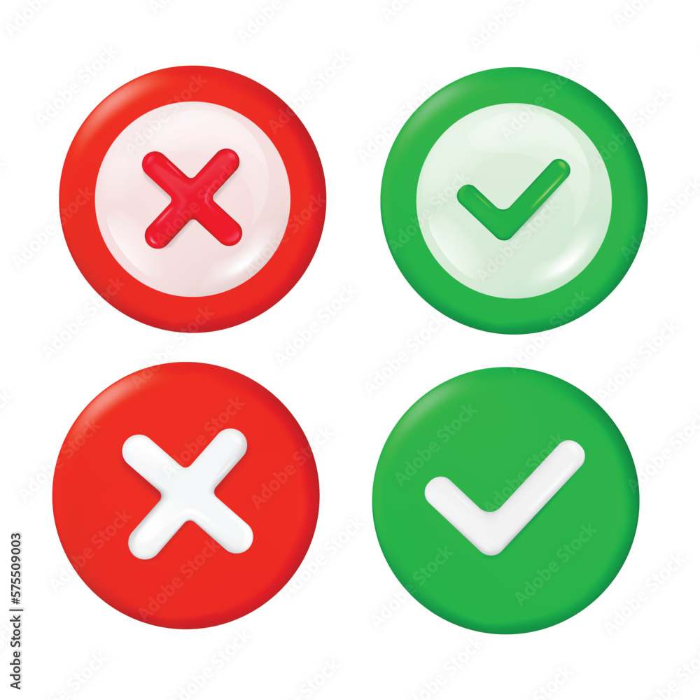 3D Right and Wrong Button in Round Shape. Green Yes and Red No Correct Incorrect Sign. Checkmark Tick Rejection, Cancel, Error, Stop, Negative, Agreement Approval or Trust Symbol. Vector 3D Right and Wrong Button in Round Shape. Green Yes and Red No Correct Incorrect Sign. Checkmark Tick Rejection, Cancel, Error, Stop, Negative, Agreement Approval or Trust Symbol. Vector