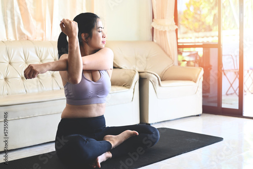 yoga woman in home, yoga online training yoga instructor pose lesson breathing meditation exercise working out wearing sportswear, women exercising at home well being wellness young practicing indoor
