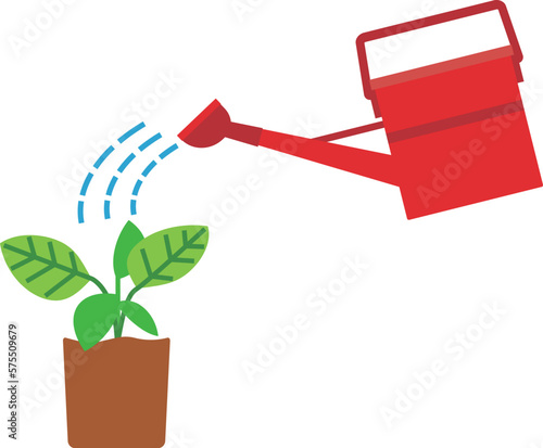 植木鉢に入った苗に赤色のじょうろで水をやるイラスト