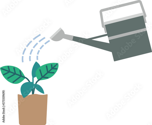 植木鉢に入った苗に灰色のじょうろで水をやるイラスト