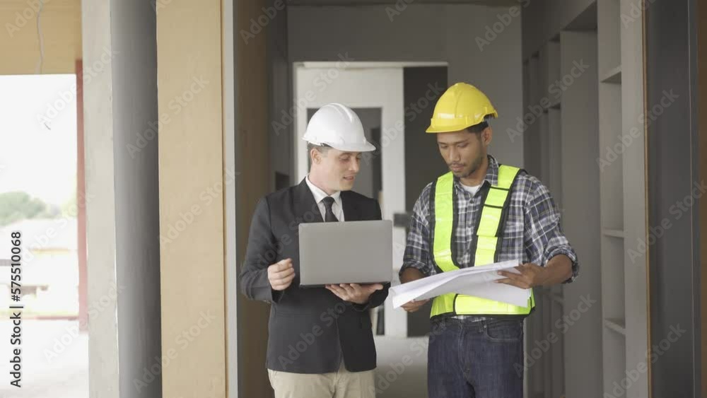 Engineer and businessman in hard hat meeting and using computer tablet and print documents in unfinished buildings under construction on the background, in 4K (UHD). Engineer and businessman in hard hat meeting and using computer tablet and print documents in unfinished buildings under construction on the background, in 4K (UHD).