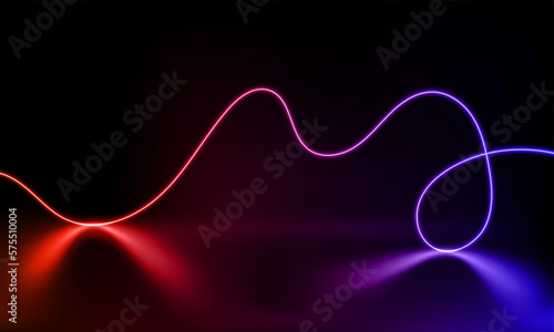 Abstract colorful neon background with wavy line glowing in the dark. Panoramic shine backdrop. 3d render. Lights rectangular line, luminous rays. Modern wave geometric shape. Vector illustration.