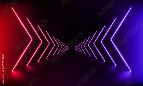 Fototapeta Naklejka Na Ścianę i Meble -  Podium, road, pedestal or platform with neon luminous rays on blue and pink background. Stage with scenic lights. Abstract neon backdrop. Neon magic lights arrow line. Motion shine.Vector illustration