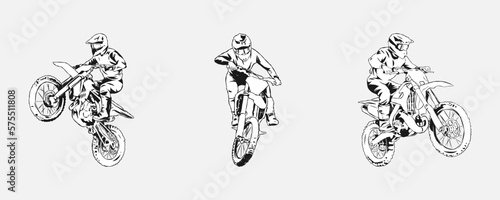 set collection of motocross rider silhouettes. black and white silhouette. concept of sport, extreme, race, motorcycle. for sticker, print, etc. hand drawn vector illustration.
