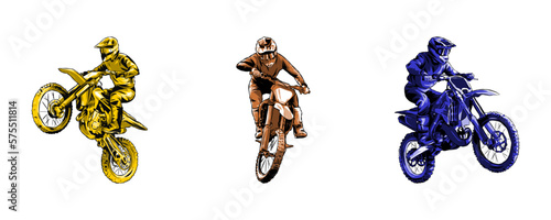set collection of motocross rider silhouettes. monochrome color. concept of sport, extreme, race, motorcycle. for sticker, print, etc. hand drawn vector illustration.