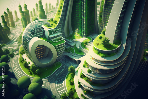 The future of cities, utopian vision of a green and futuristic environment. Eco-friendly cityscape features sustainable architecture, renewable energy sources, generative ai #575512021