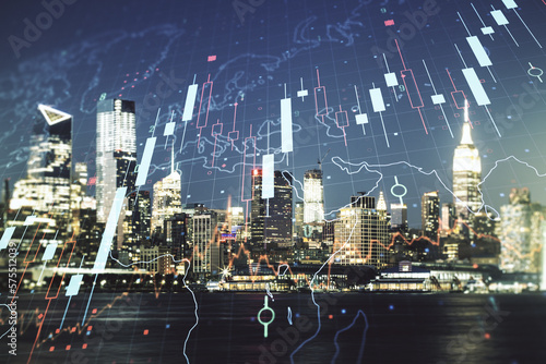 Double exposure of abstract creative financial diagram and world map on New York city office buildings background, banking and accounting concept