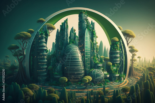 The future of cities, utopian vision of a green and futuristic environment. Eco-friendly cityscape features sustainable architecture, renewable energy sources, generative ai #575512210