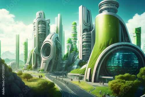 The future of cities, utopian vision of a green and futuristic environment. Eco-friendly cityscape features sustainable architecture, renewable energy sources, generative ai #575512883