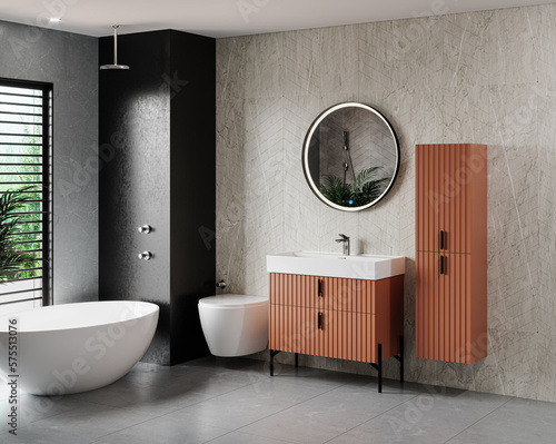 Huge Modern Master Bethroom. Bathroom interior with wooden decor in eco style. 3D Render